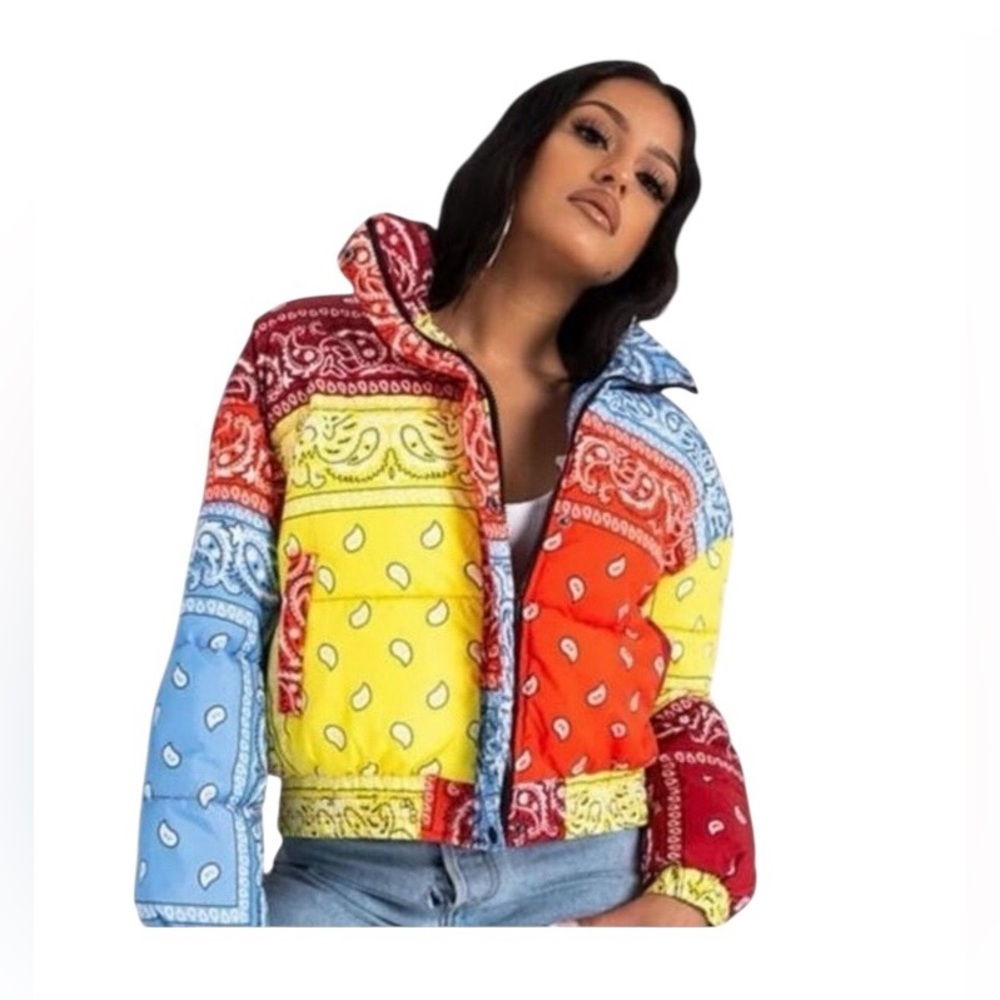 AZALEA WANG Puffer Jacket Paisley Bandana Print Multi Color Coat NWOT Never Worn
